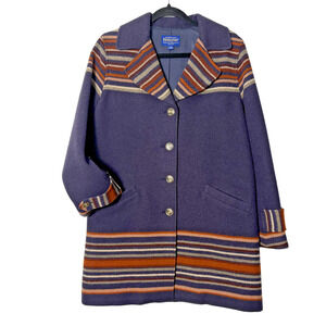 Pendleton Arroyo Coat Womens Small Navy Wool Blanket Stripe Southwestern Aztec